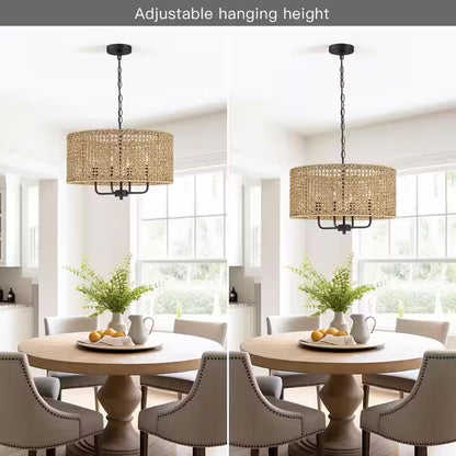 Cape 20 In. 4-Light Bohemian Drum Chandelier with Straw Hand Woven Shade