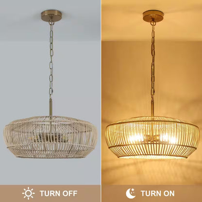 5-Light Gold Modern Bohemian Rattan Chandelier Light with Woven Shade