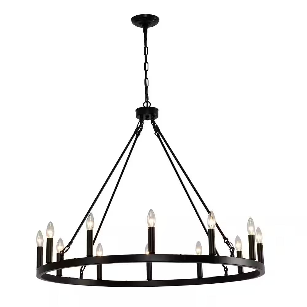 38 In. 12-Light Black Wagon Wheel Chandelier round Wagon Wheel Outdoor Chandelier Porch Light Fixtures