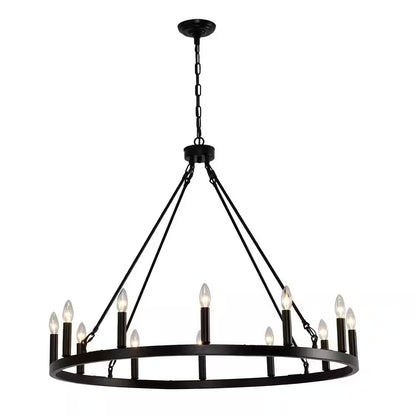 38 In. 12-Light Black Wagon Wheel Chandelier round Wagon Wheel Outdoor Chandelier Porch Light Fixtures