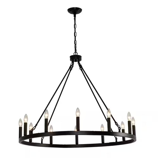 38 In. 12-Light Black Wagon Wheel Chandelier round Wagon Wheel Outdoor Chandelier Porch Light Fixtures