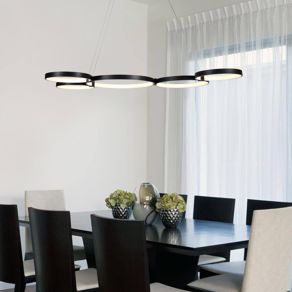 Capella 80-Watt ETL Certified Integrated LED Black Chandelier Height Adjustable 50 In. Pendant Light with 5 LED Circles