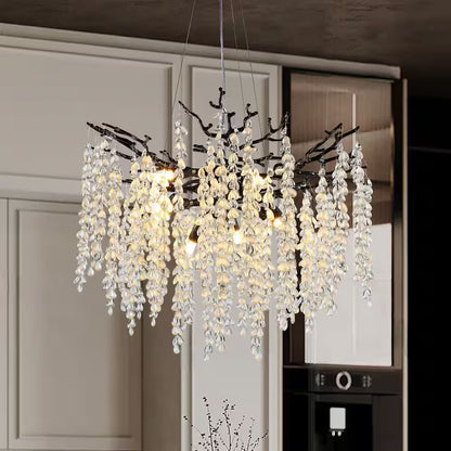 24" 8-Light Modern Crystal Chandelier Black Tree Branch round Chandelier for Dining Room, Living Room, Bedroom, Entryway