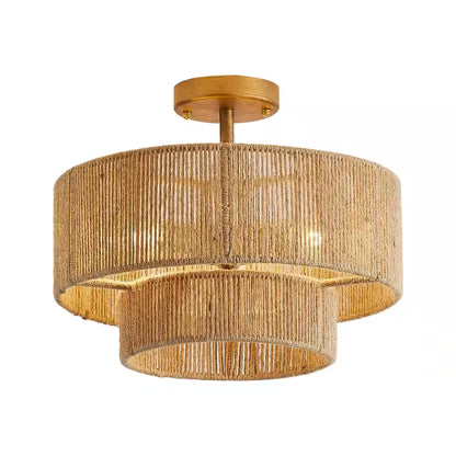 15.4 In. 3-Light Bohemian Antique Gold Two-Tier Drum Semi- Flush Mount with Natural Jute Rope Shade