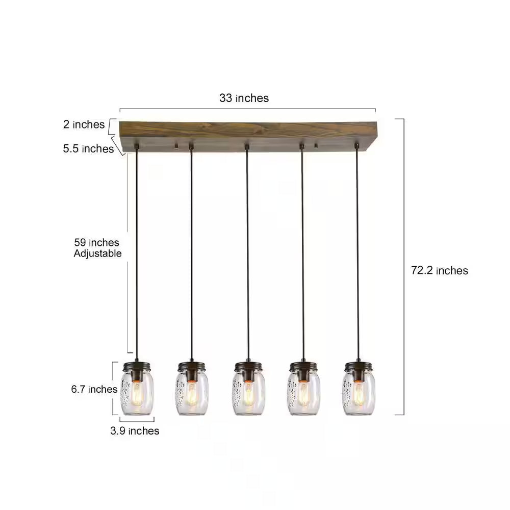 Modern Farmhouse 33 In. Wood DIY Linear Cluster Chandelier 5-Light Dark Brown Island Pendant with Rustic Mason Jar Shade